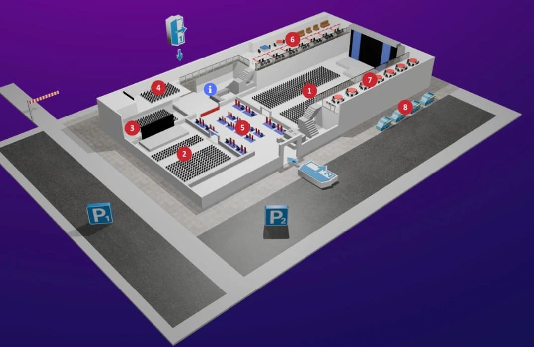 Planta do recinto do Investor Talks, vista de cima: o pavilhão com os quatro palcos, a zona de stands, os lounges e o restaurante, e à volta os dois check-ins, os dois parques de estacionamento e a zona das food trucks.